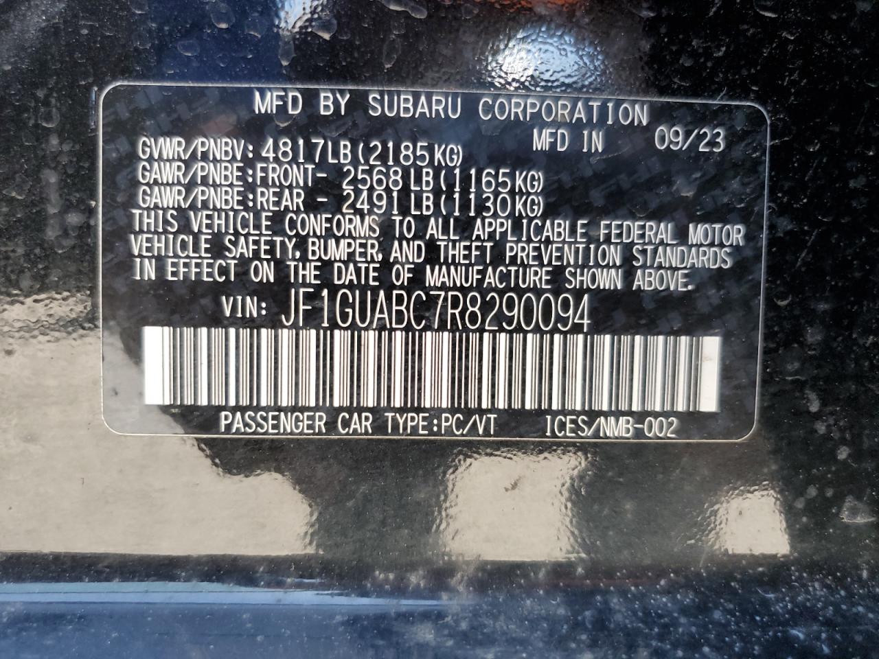 2024 SUBARU IMPREZA VIN:JF1GUABC7R8290094