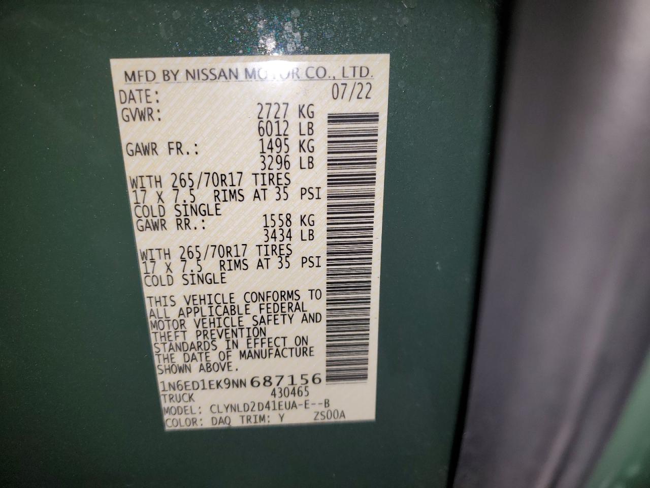 2022 NISSAN FRONTIER S VIN:1N6ED1EK9NN687156