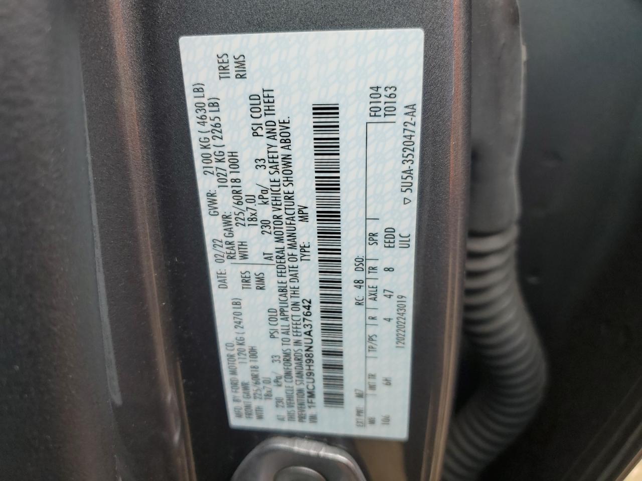 2022 FORD ESCAPE SEL VIN:1FMCU9H98NUA37642