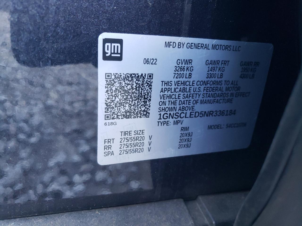 2022 CHEVROLET TAHOE C1500 VIN:1GNSCLED5NR336184