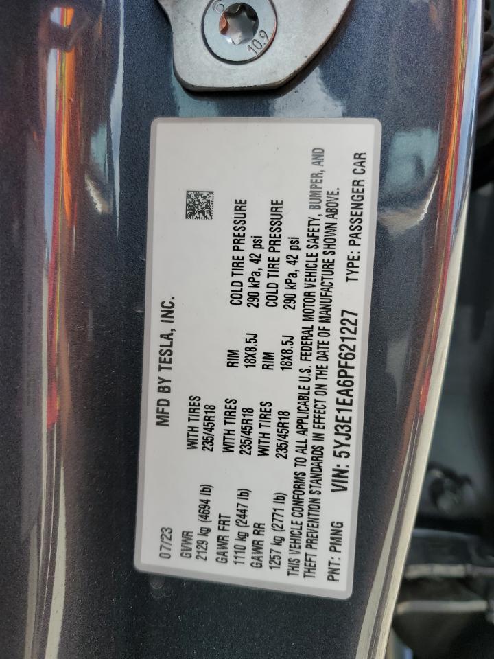 2023 TESLA MODEL 3 VIN:5YJ3E1EA6PF621227