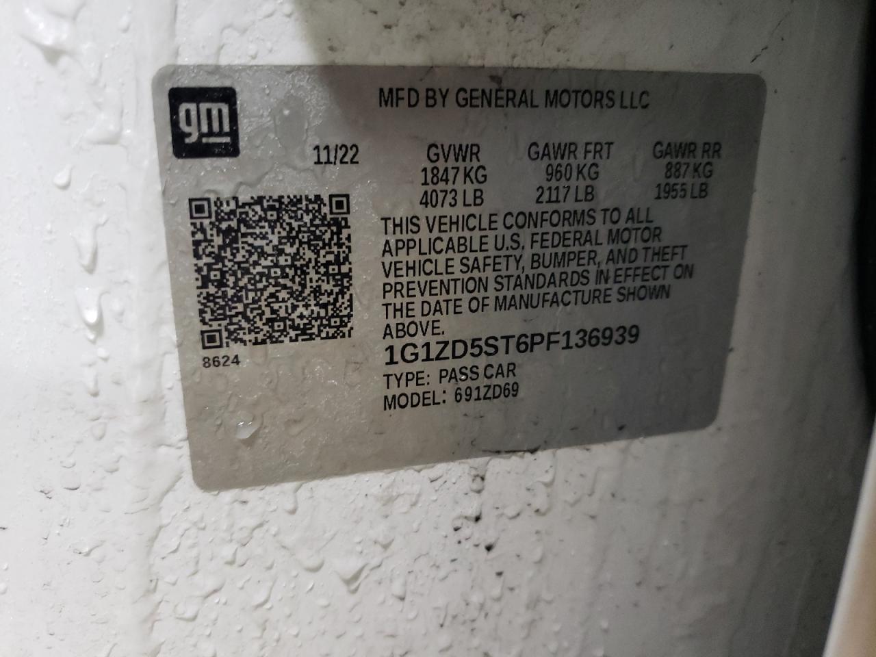 2023 CHEVROLET MALIBU LT VIN:1G1ZD5ST6PF136939