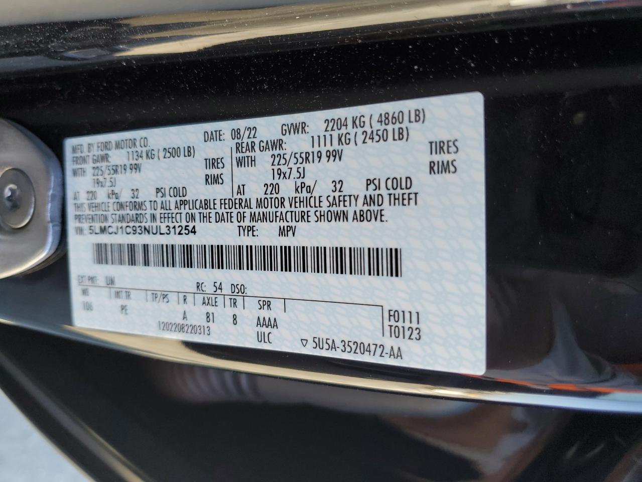 2022 LINCOLN CORSAIR VIN:5LMCJ1C93NUL31254