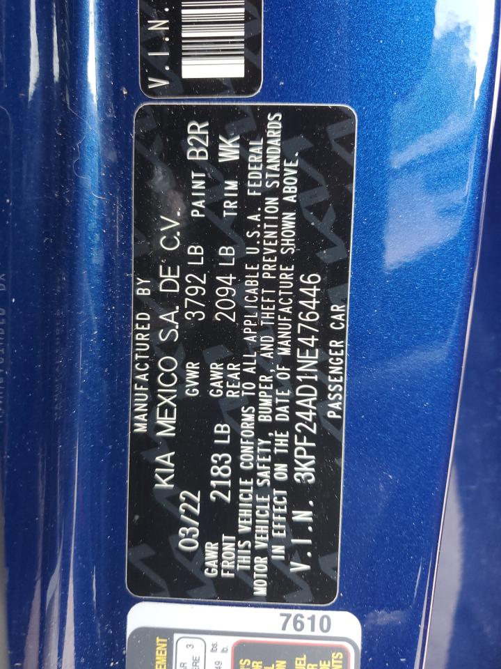 2022 KIA FORTE FE VIN:3KPF24AD1NE476446