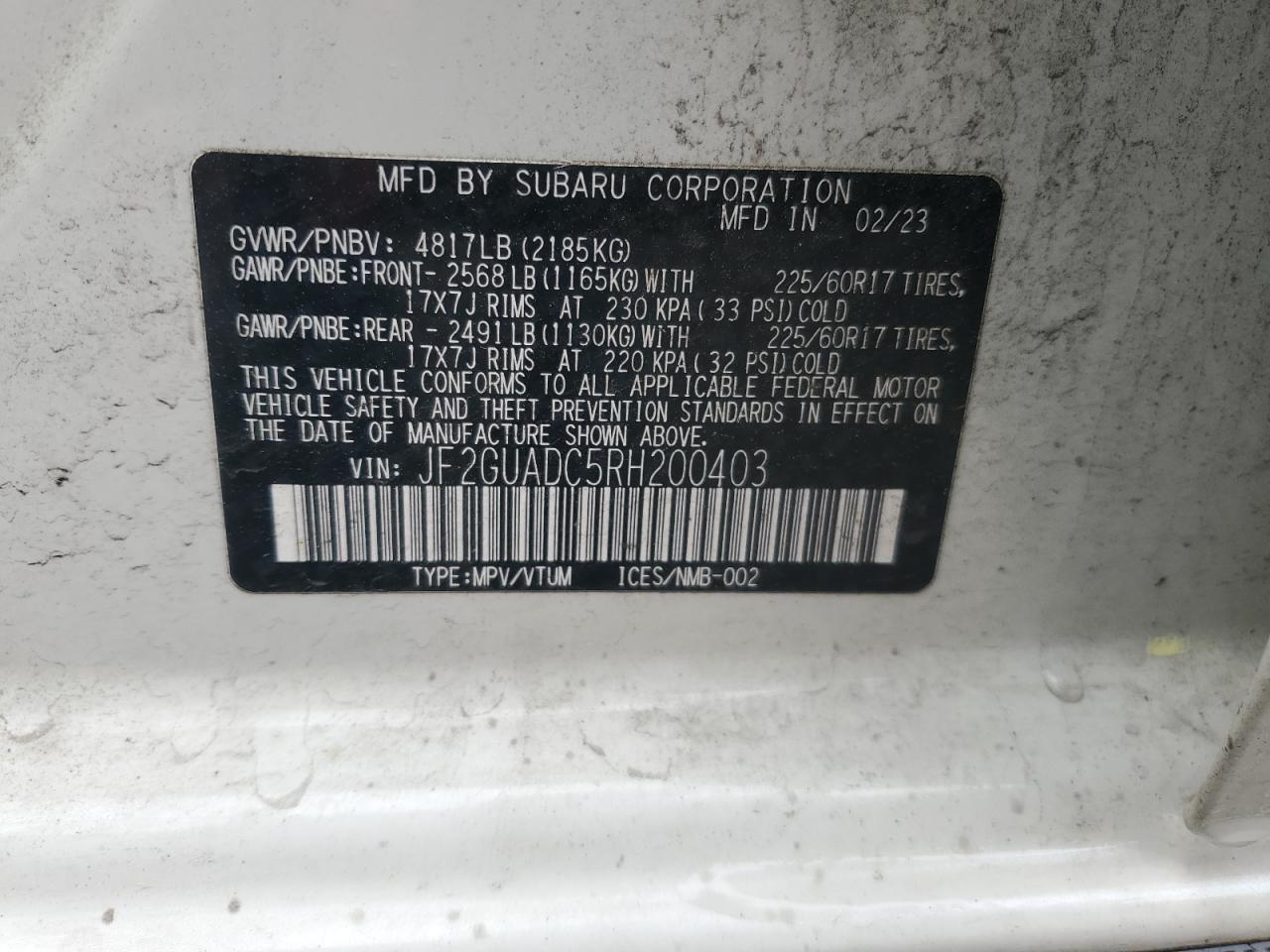 2024 SUBARU CROSSTREK PREMIUM VIN:JF2GUADC5RH200403