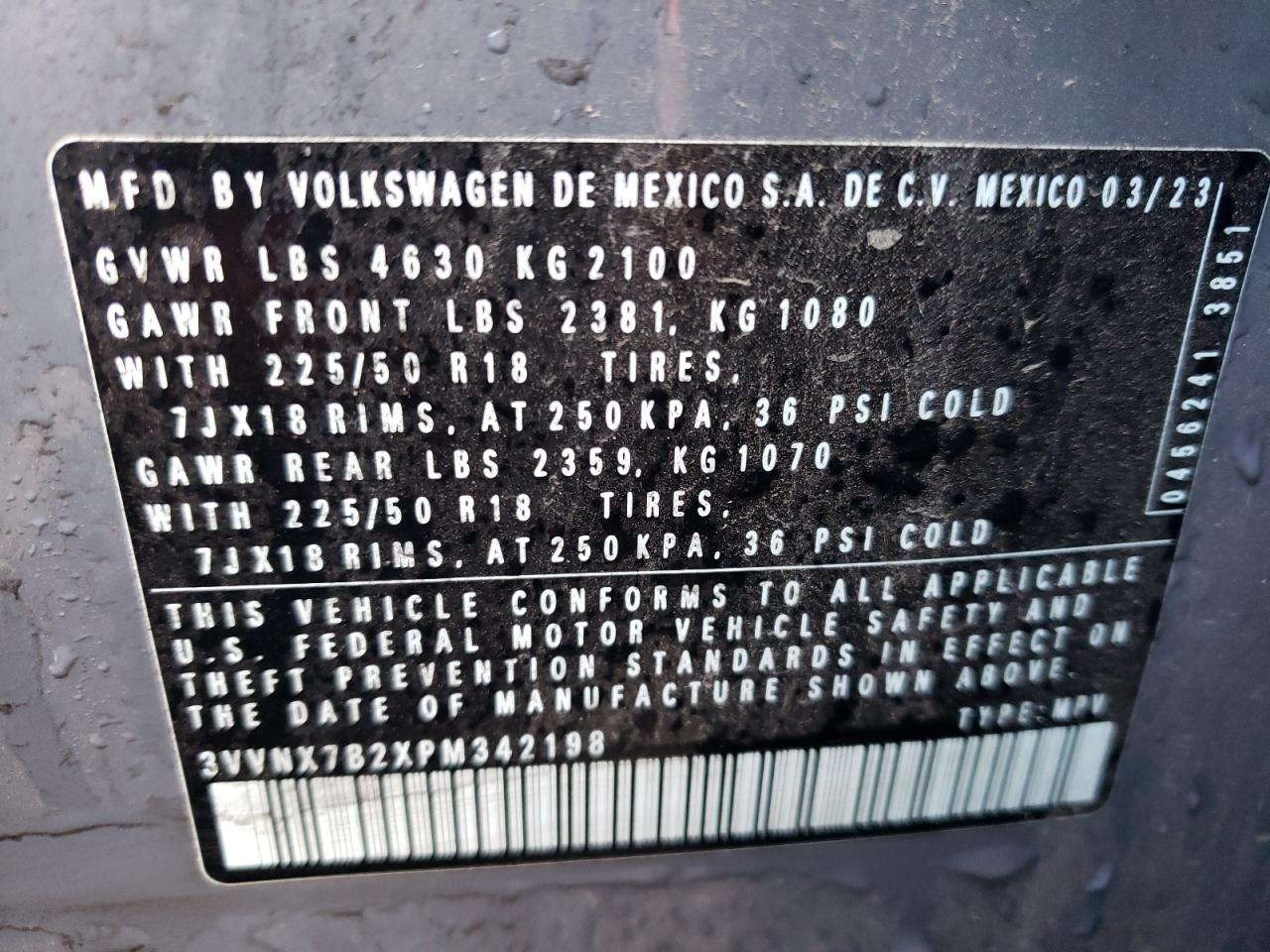 2023 VOLKSWAGEN TAOS SE VIN:3VVNX7B2XPM342198