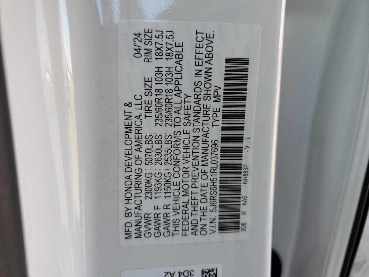 2024 HONDA CR-V SPORT VIN:5J6RS6H51RL037696