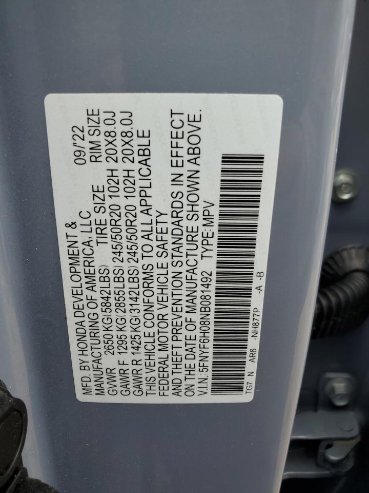 2022 HONDA PILOT ELITE VIN:5FNYF6H08NB081492