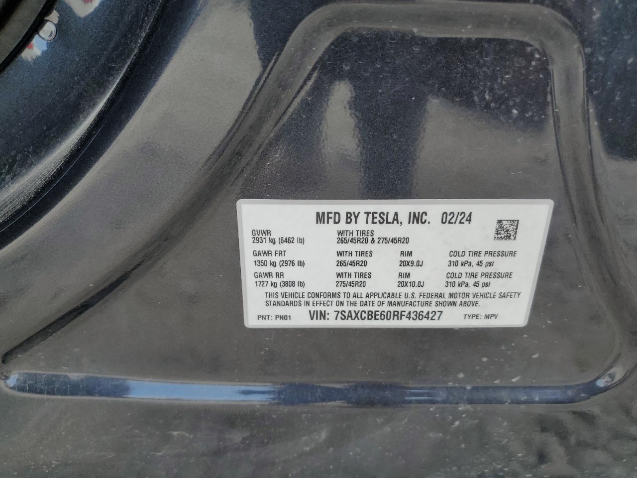 2024 TESLA MODEL X VIN:7SAXCBE60RF436427