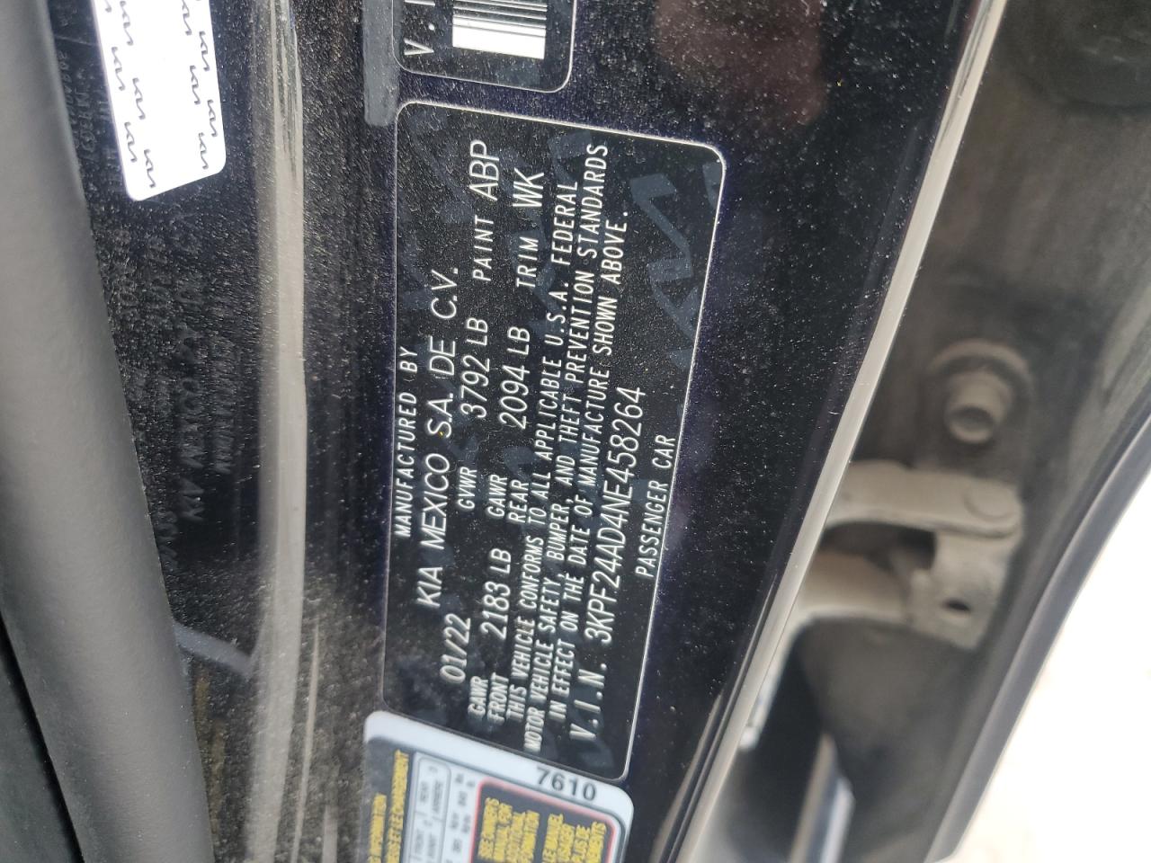 2022 KIA FORTE FE VIN:3KPF24AD4NE458264
