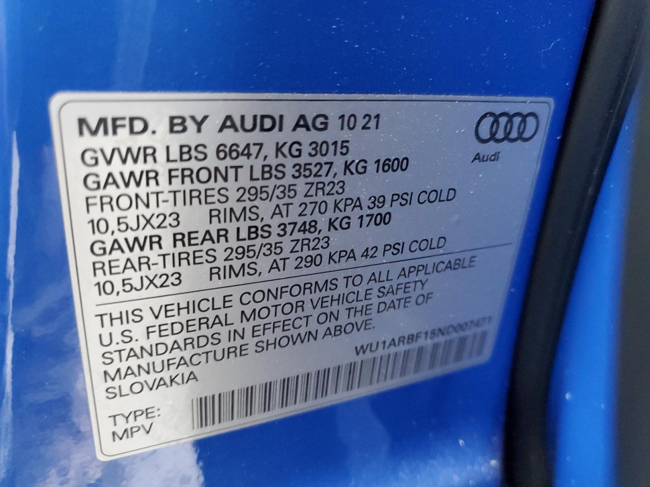 2022 AUDI RS Q8 VIN:WU1ARBF15ND007471