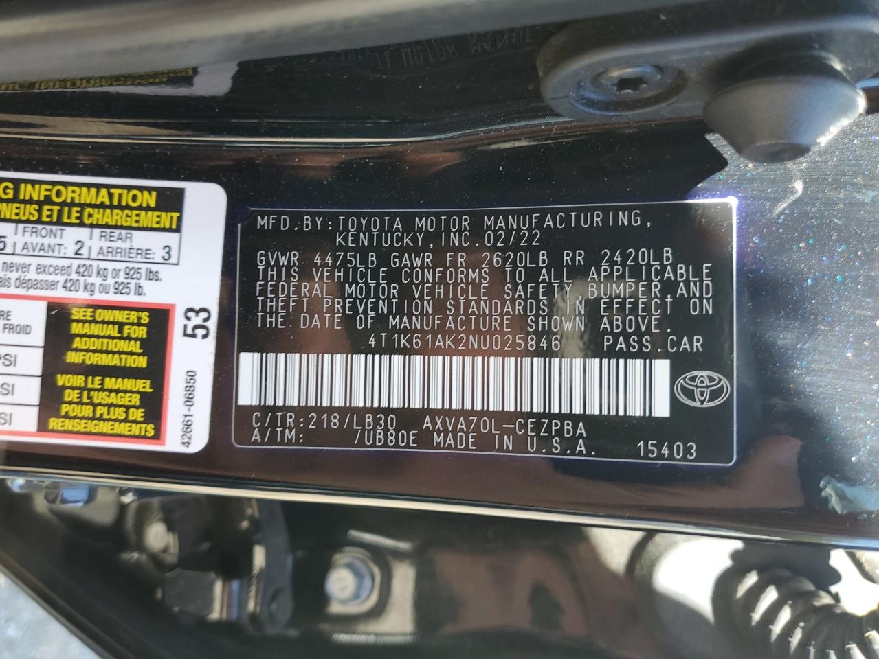 2022 TOYOTA CAMRY XSE VIN:4T1K61AK2NU025846