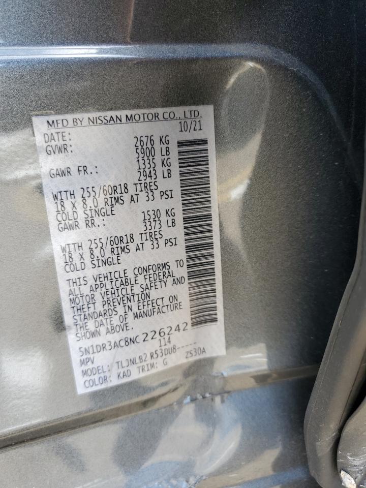 2022 NISSAN PATHFINDER S VIN:5N1DR3AC8NC226242