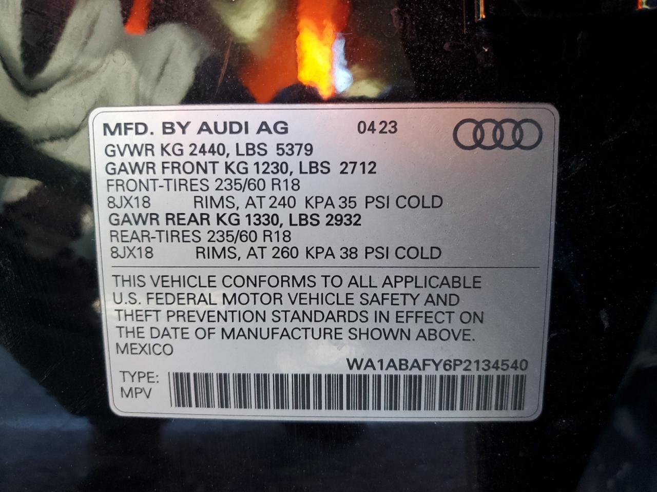 2023 AUDI Q5 PREMIUM 40 VIN:WA1ABAFY6P2134540