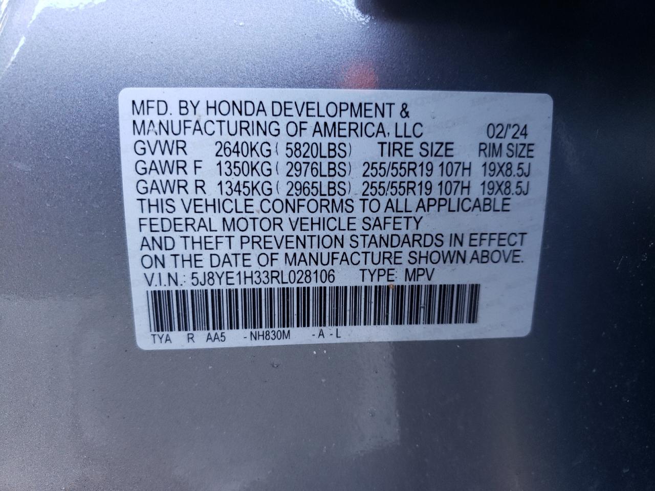 2024 ACURA MDX VIN:5J8YE1H33RL028106