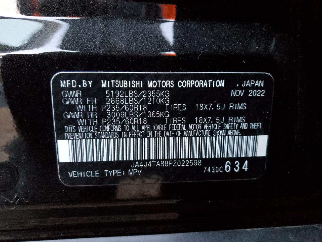 2023 MITSUBISHI OUTLANDER ES VIN:JA4J4TA88PZ022598