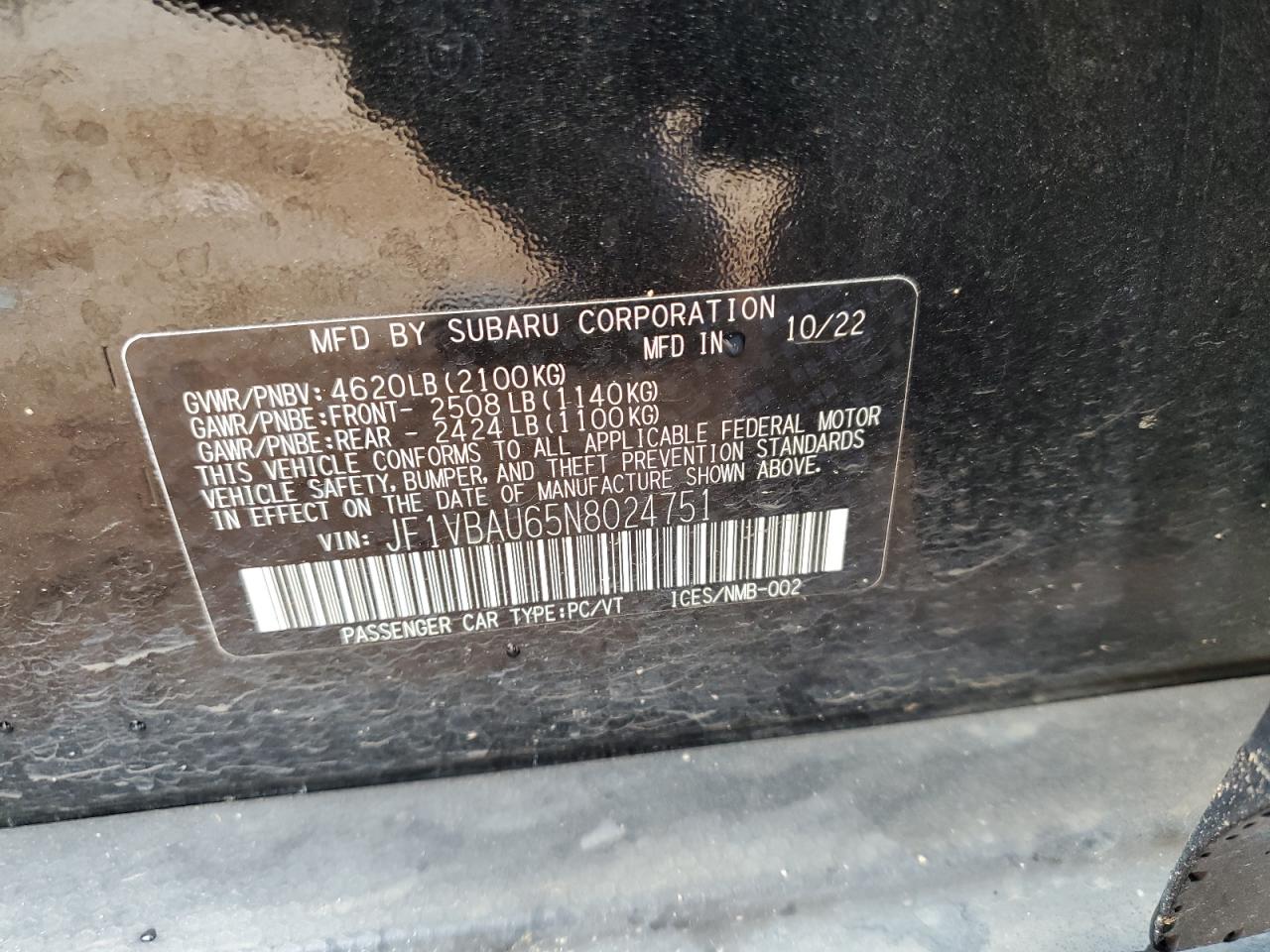 2022 SUBARU WRX GT VIN:JF1VBAU65N8024751