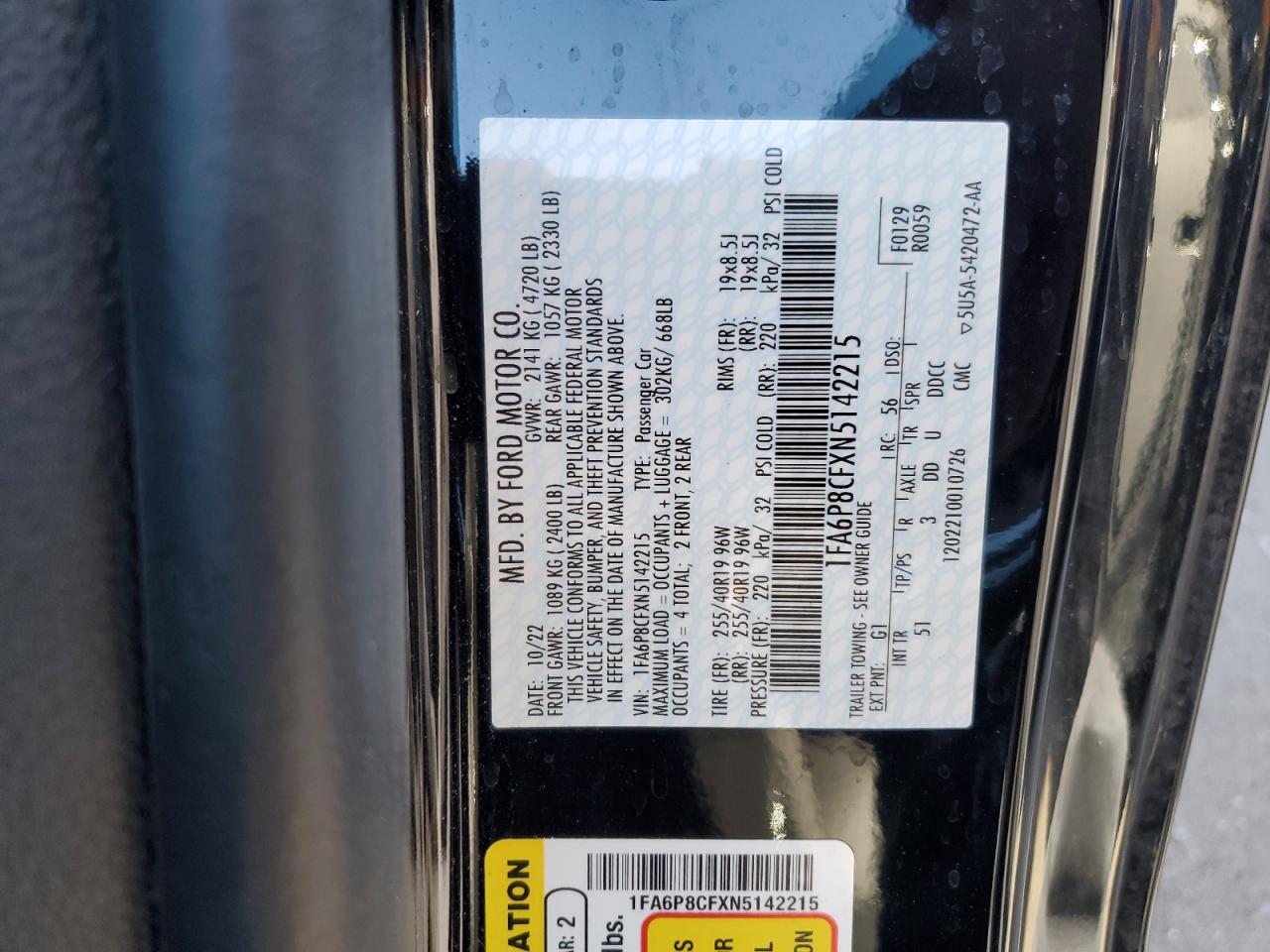 2022 FORD MUSTANG GT VIN:1FA6P8CFXN5142215