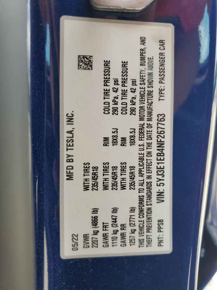 2022 TESLA MODEL 3 VIN:5YJ3E1EB4NF267763