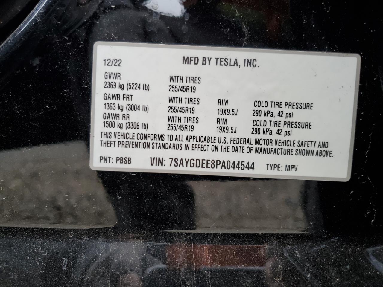 2023 TESLA MODEL Y VIN:7SAYGDEE8PA044544
