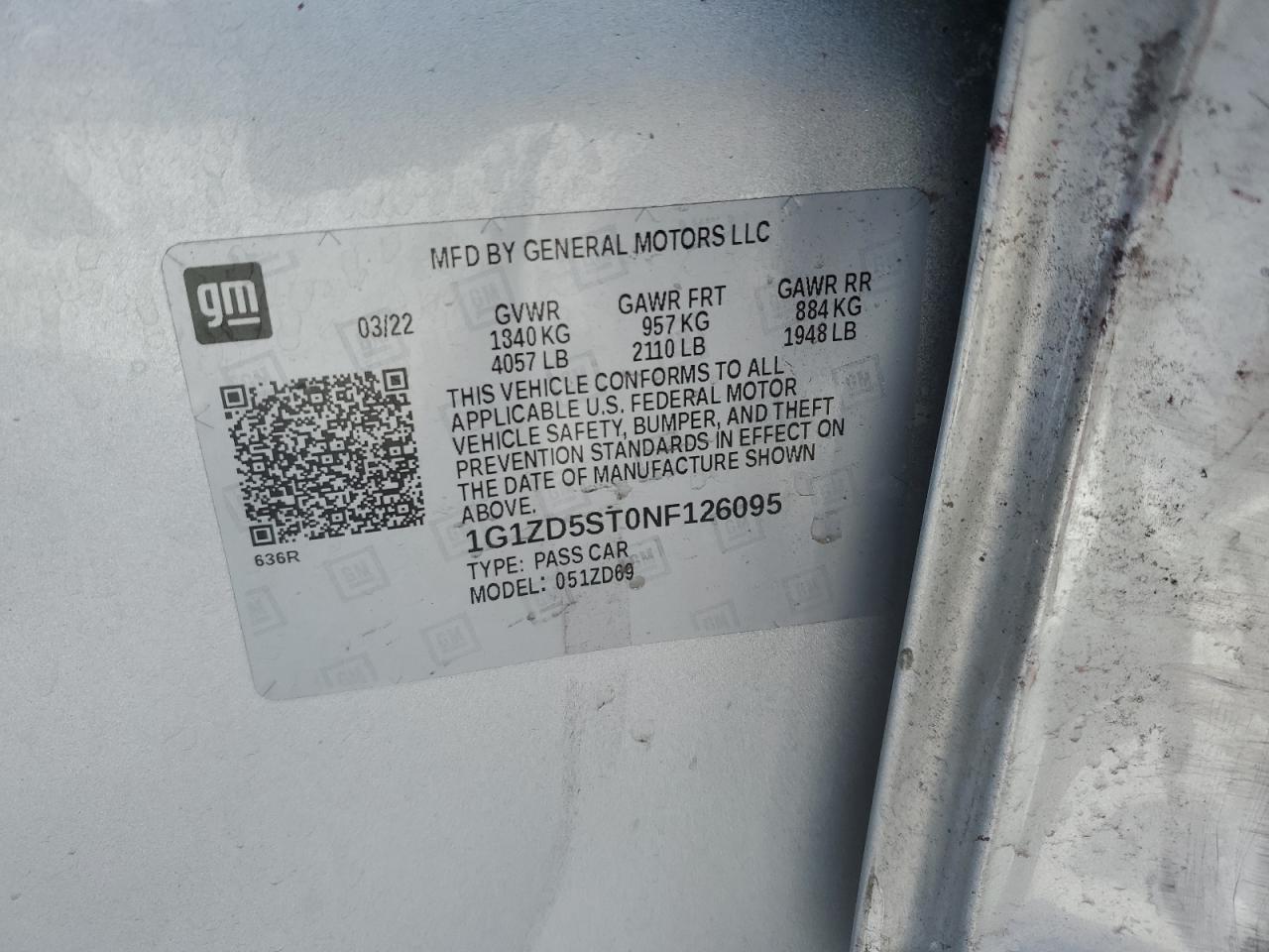 2022 CHEVROLET MALIBU LT VIN:1G1ZD5ST0NF126095