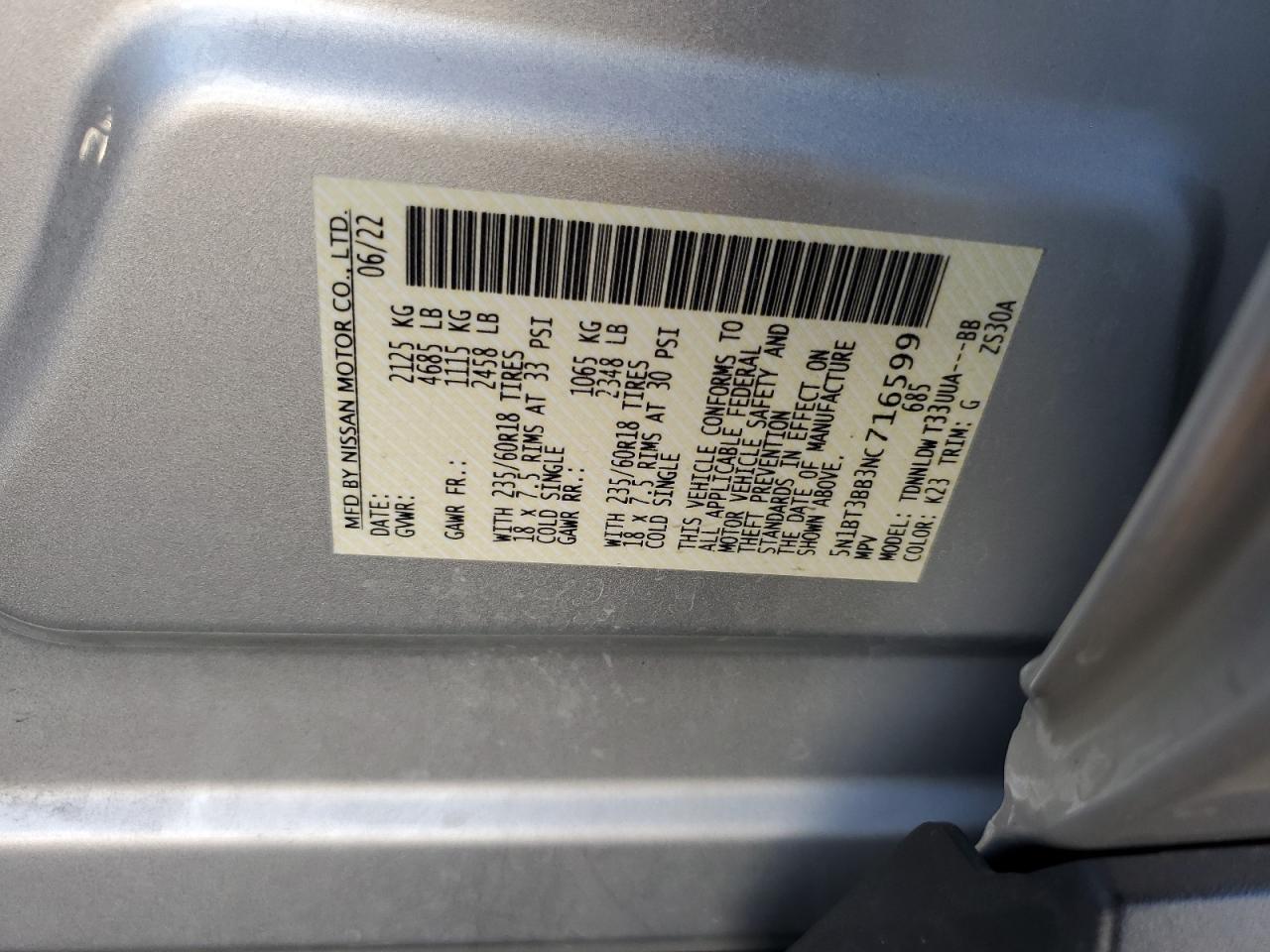 2022 NISSAN ROGUE SV VIN:5N1BT3BB3NC716599