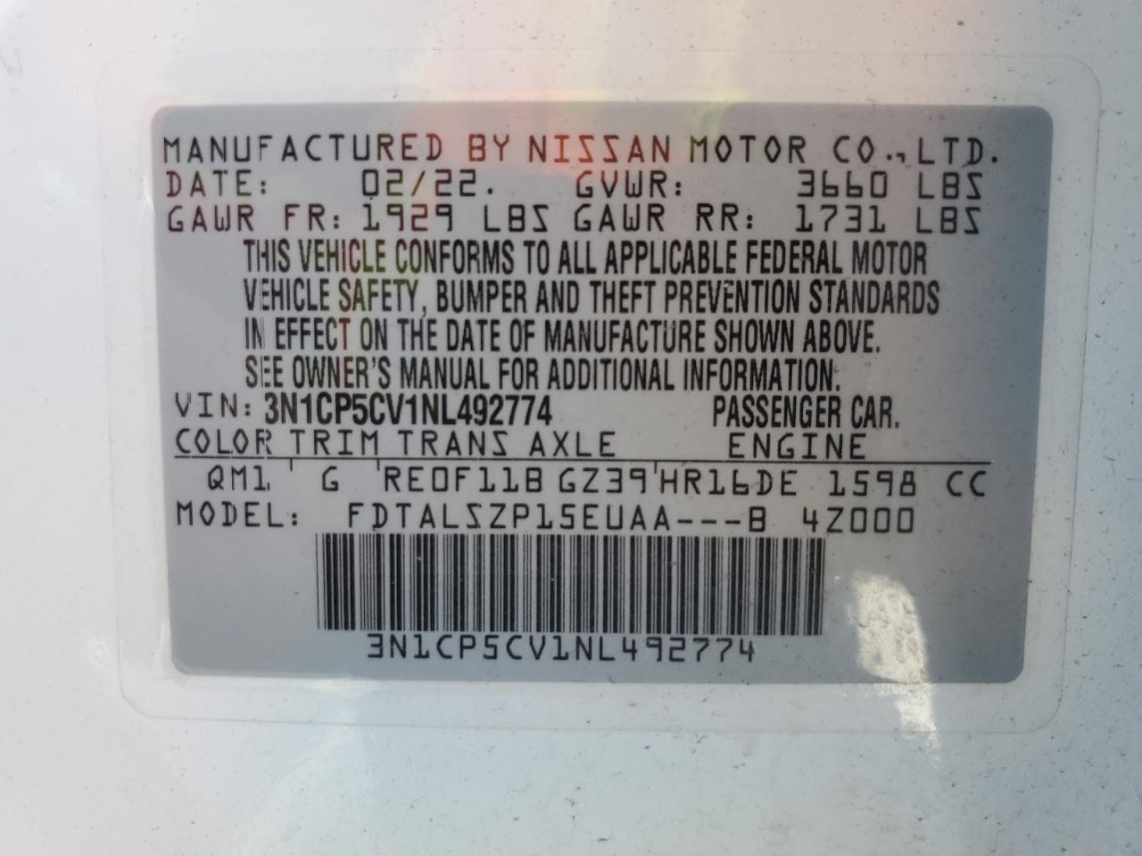 2022 NISSAN KICKS SV VIN:3N1CP5CV1NL492774