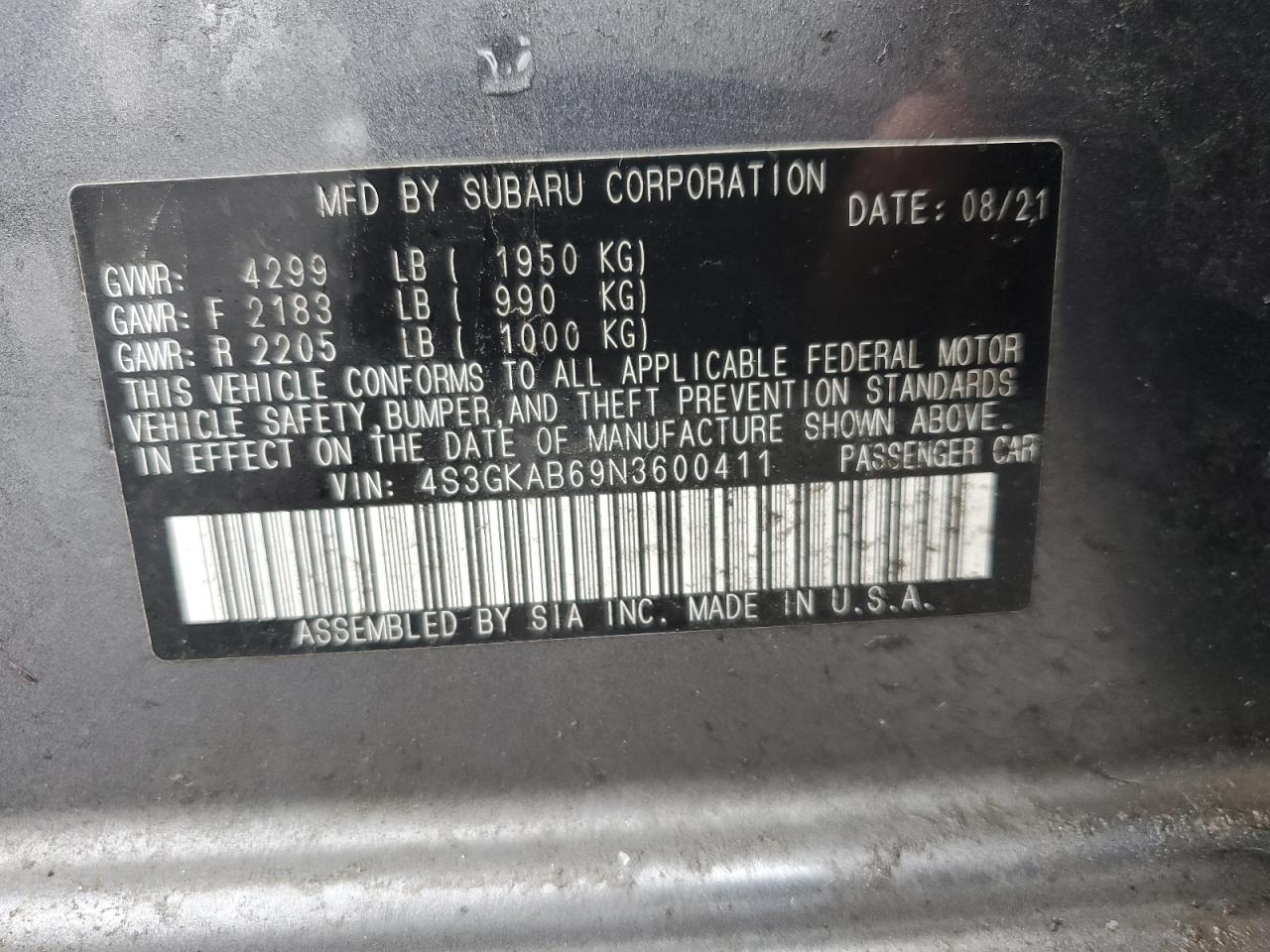 2022 SUBARU IMPREZA VIN:4S3GKAB69N3600411