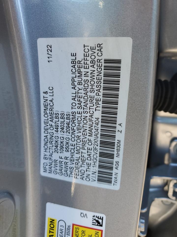 2022 HONDA ACCORD HYBRID SPORT VIN:1HGCV3F2XNA047404