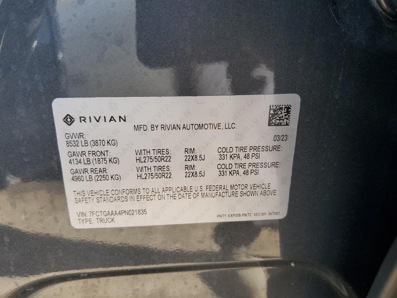 2023 RIVIAN R1T ADVENTURE VIN:7FCTGAAA4PN021835