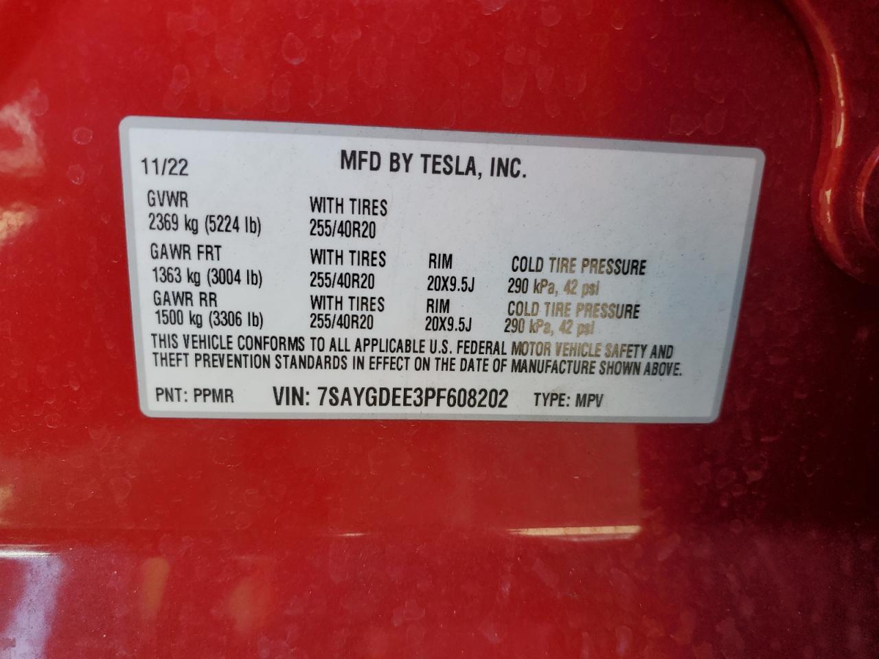 2023 TESLA MODEL Y VIN:7SAYGDEE3PF608202