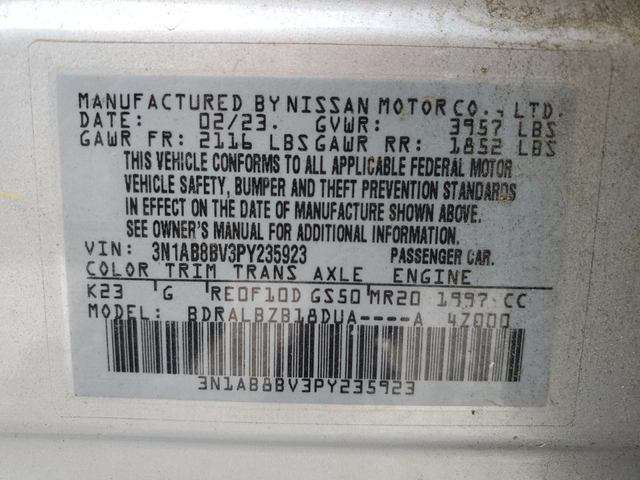 2023 NISSAN SENTRA S VIN:3N1AB8BV3PY235923