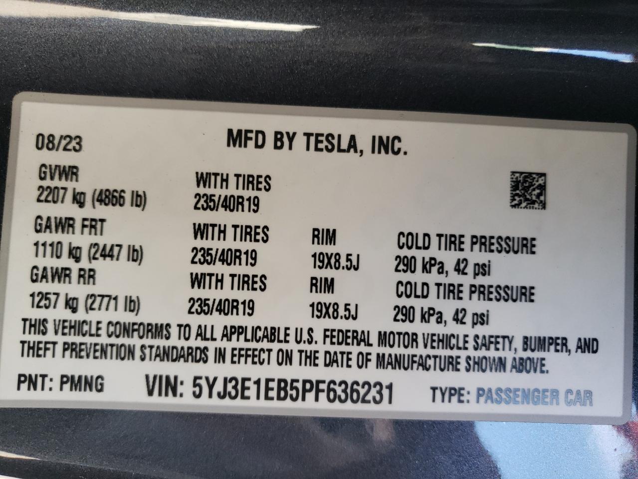 2023 TESLA MODEL 3 VIN:5YJ3E1EB5PF636231