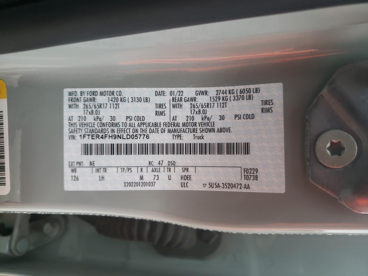 2022 FORD RANGER XL VIN:1FTER4FH9NLD05776