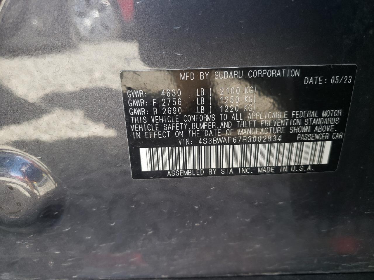 2024 SUBARU LEGACY PREMIUM VIN:4S3BWAF67R3002834