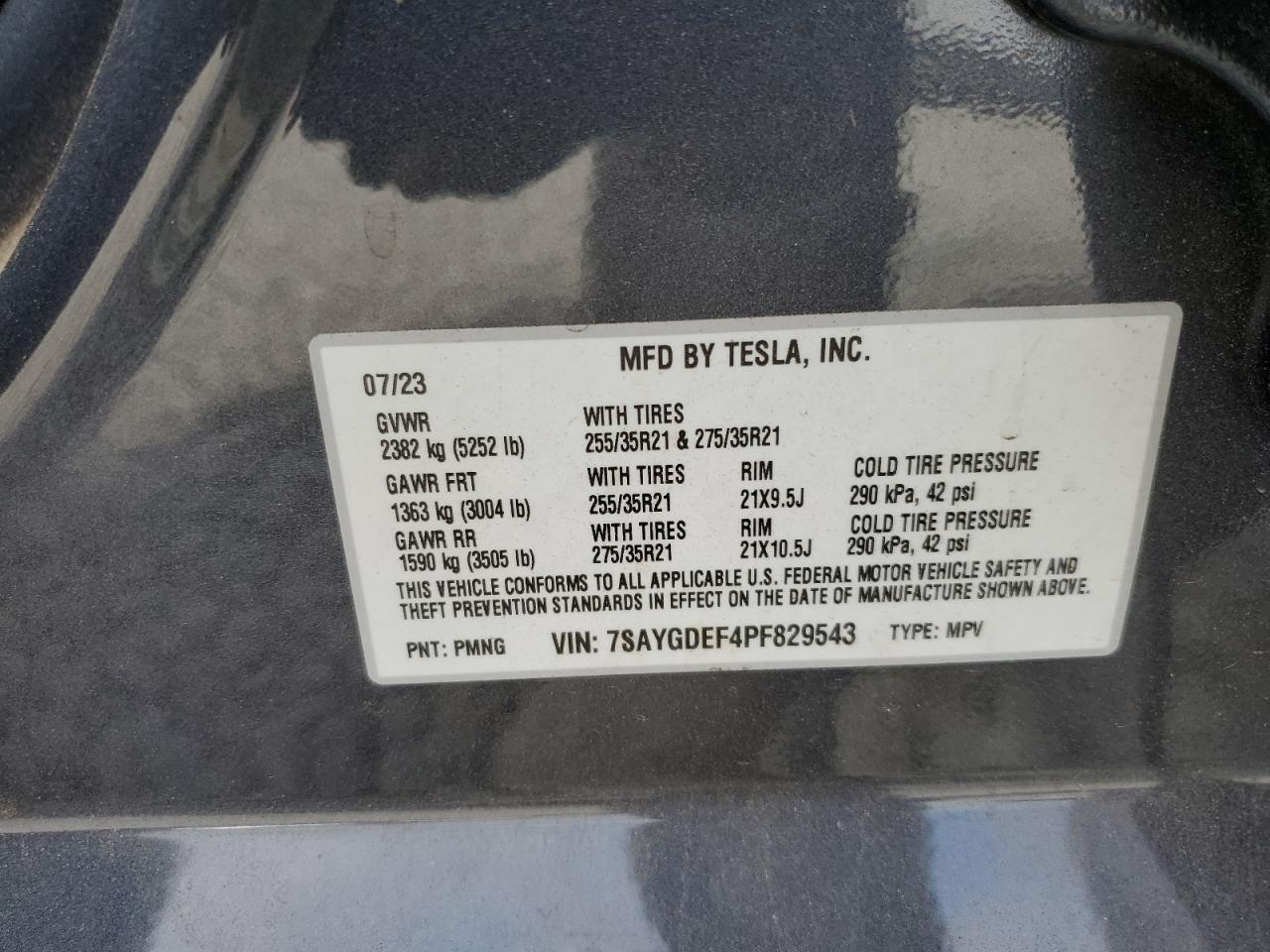 2023 TESLA MODEL Y VIN:7SAYGDEF4PF829543