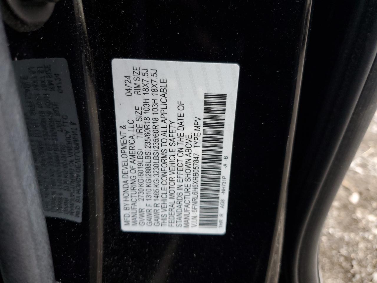 2024 HONDA ODYSSEY EXL VIN:5FNRL6H6XRB057847