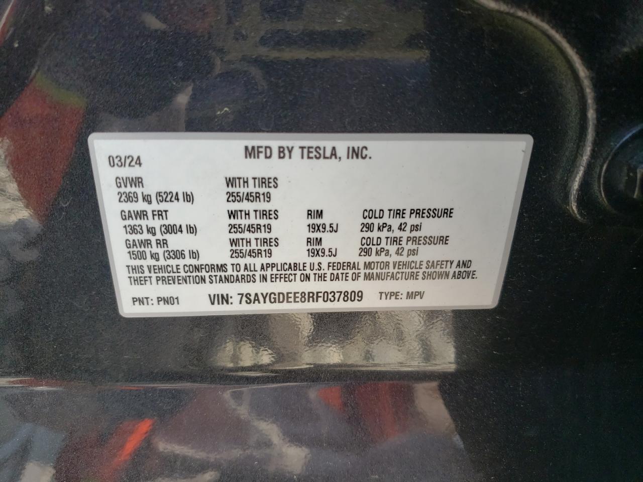 2024 TESLA MODEL Y VIN:7SAYGDEE8RF037809
