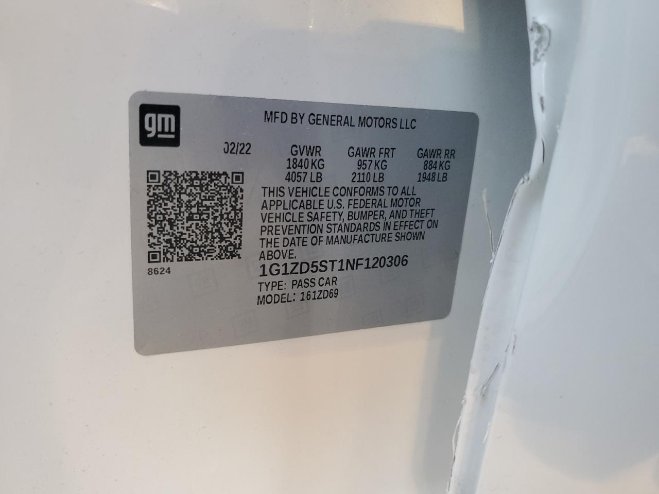 2022 CHEVROLET MALIBU LT VIN:1G1ZD5ST1NF120306