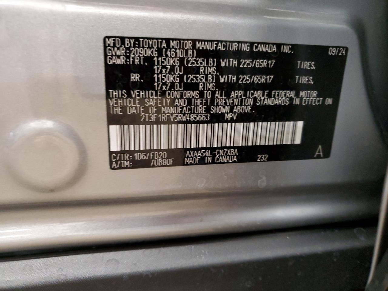2024 TOYOTA RAV4 LE VIN:2T3F1RFV5RW485663