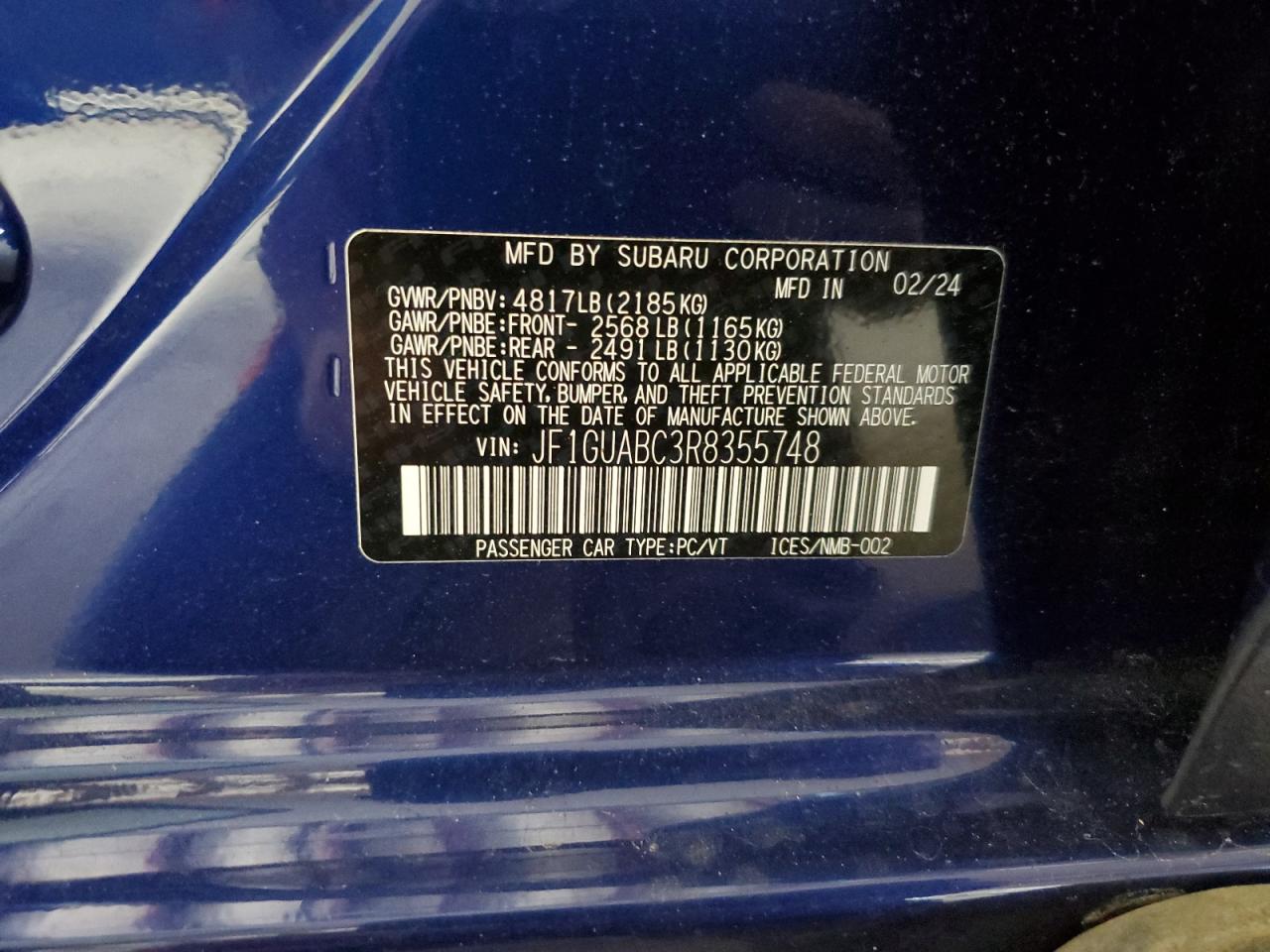 2024 SUBARU IMPREZA VIN:JF1GUABC3R8355748