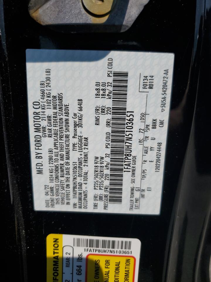 2022 FORD MUSTANG VIN:1FATP8UH7N5103651