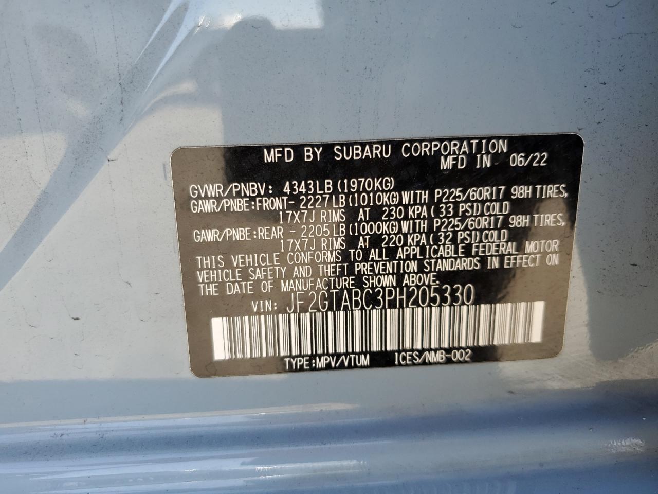 2023 SUBARU CROSSTREK VIN:JF2GTABC3PH205330