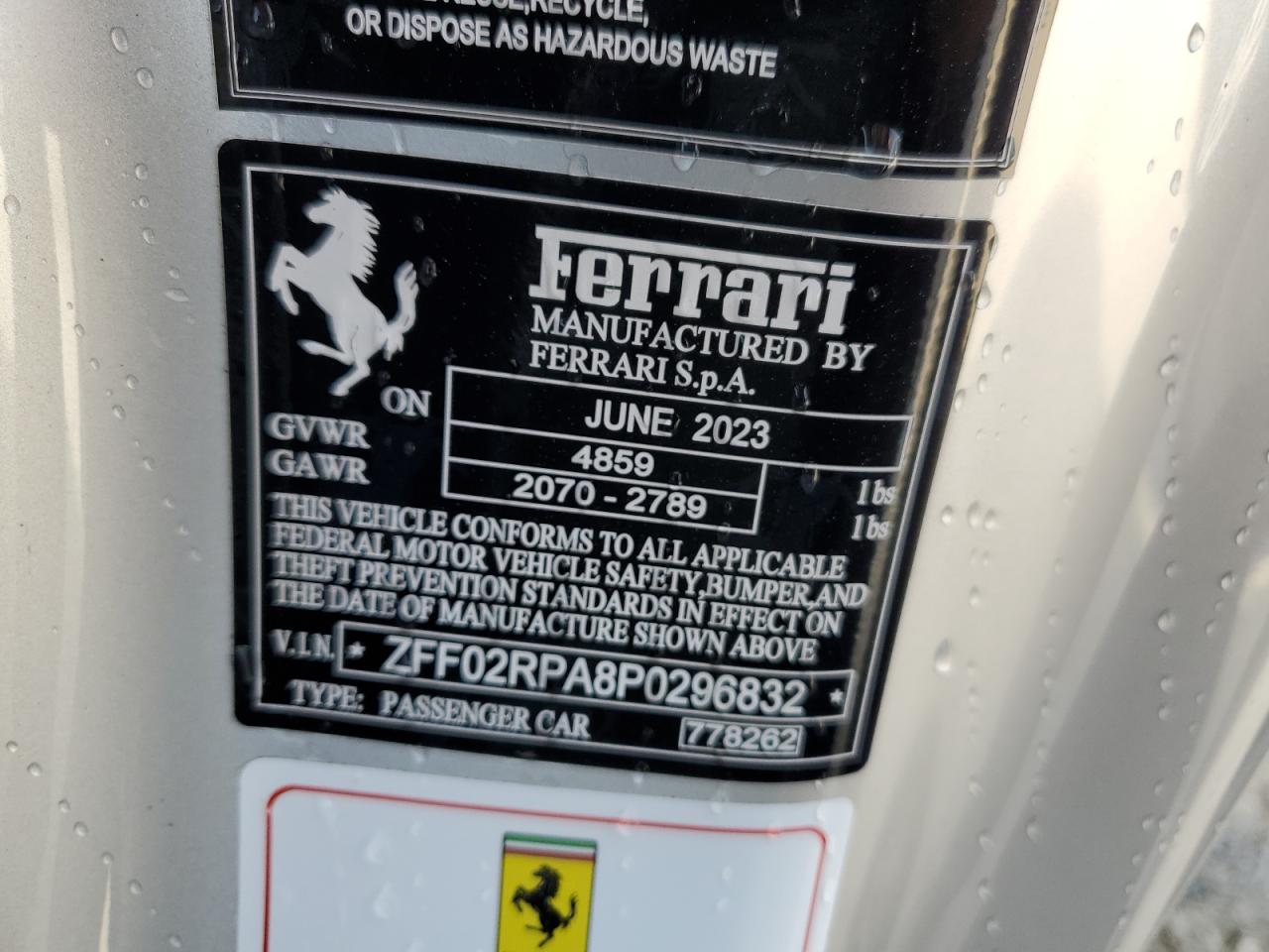 2023 FERRARI PORTOFINO M VIN:ZFF02RPA8P0296832