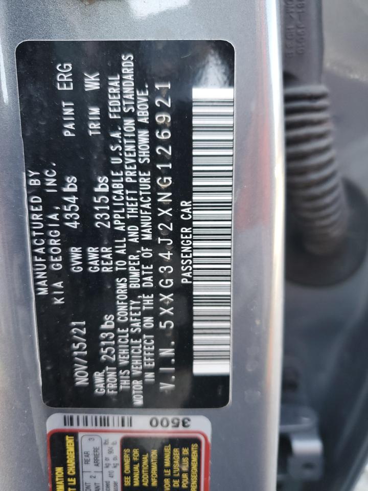 2022 KIA K5 EX VIN:5XXG34J2XNG126921