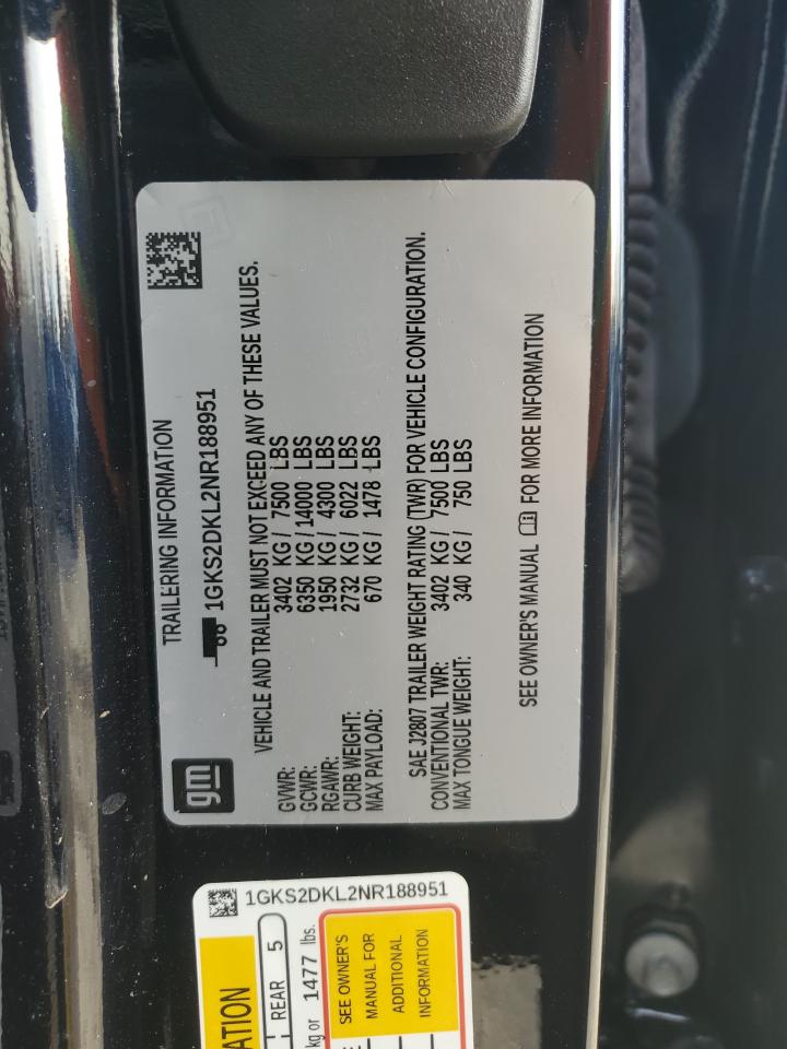 2022 GMC YUKON DENALI VIN:1GKS2DKL2NR188951