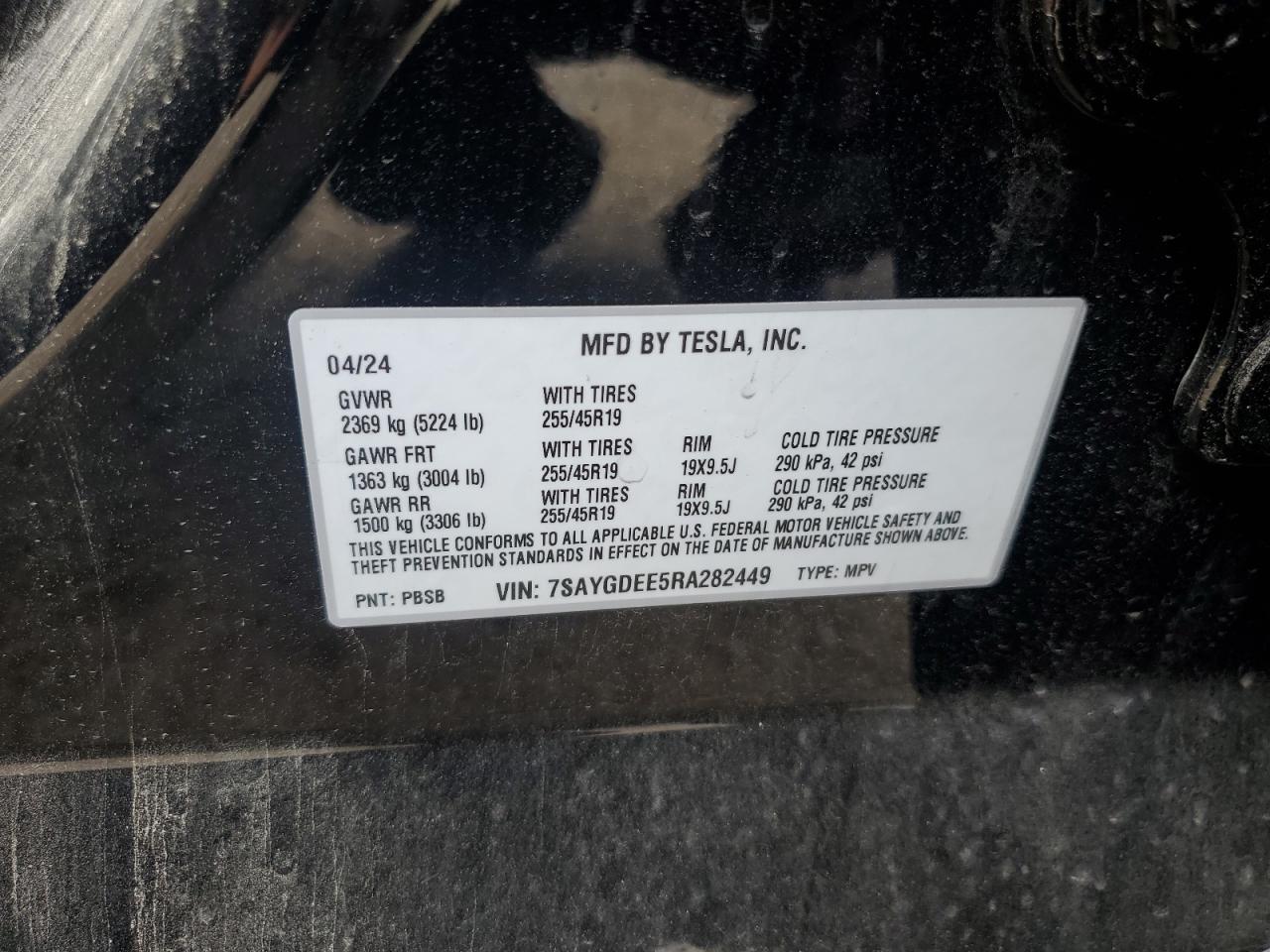 2024 TESLA MODEL Y VIN:7SAYGDEE5RA282449