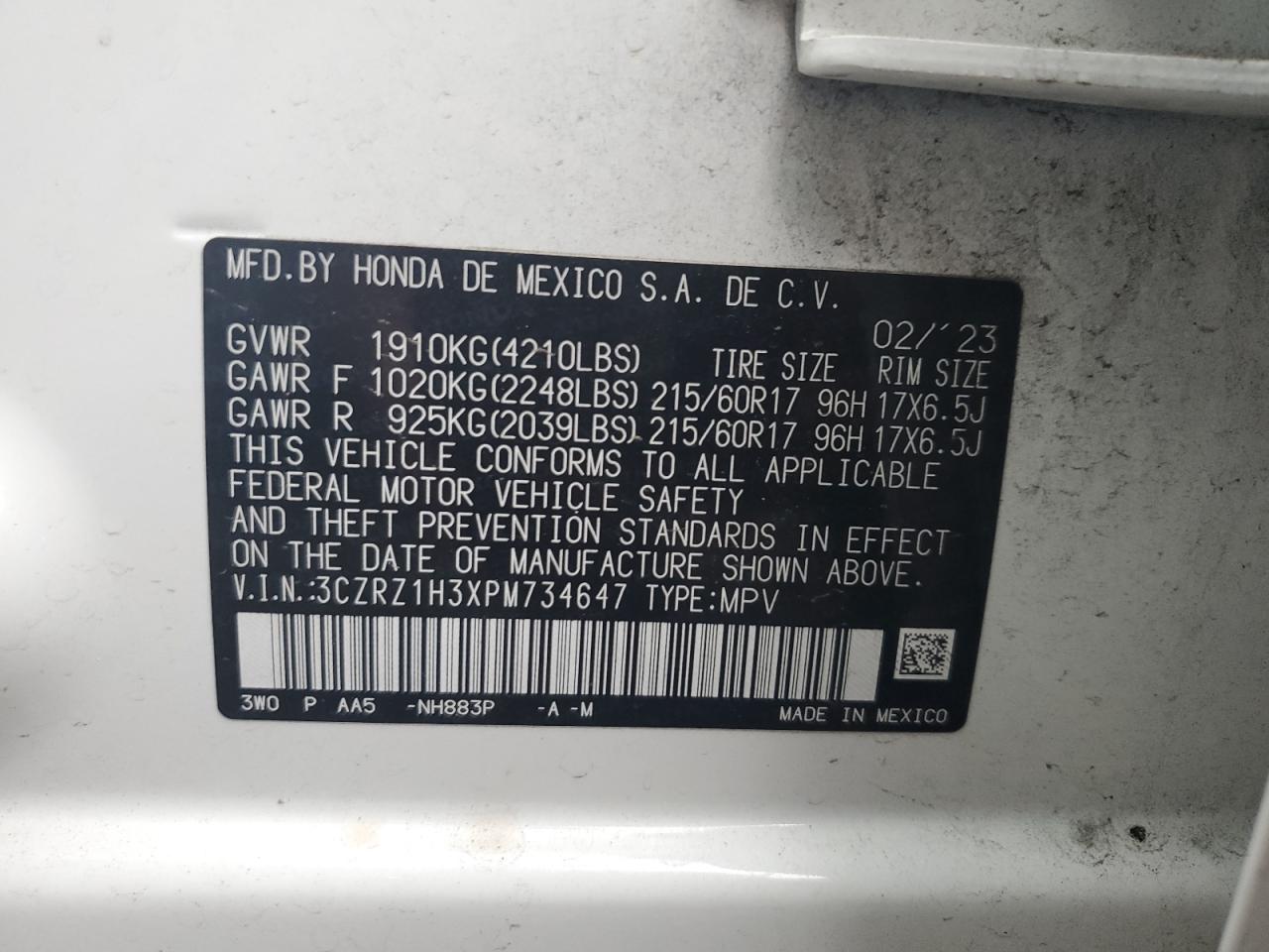 2023 HONDA HR-V LX VIN:3CZRZ1H3XPM734647