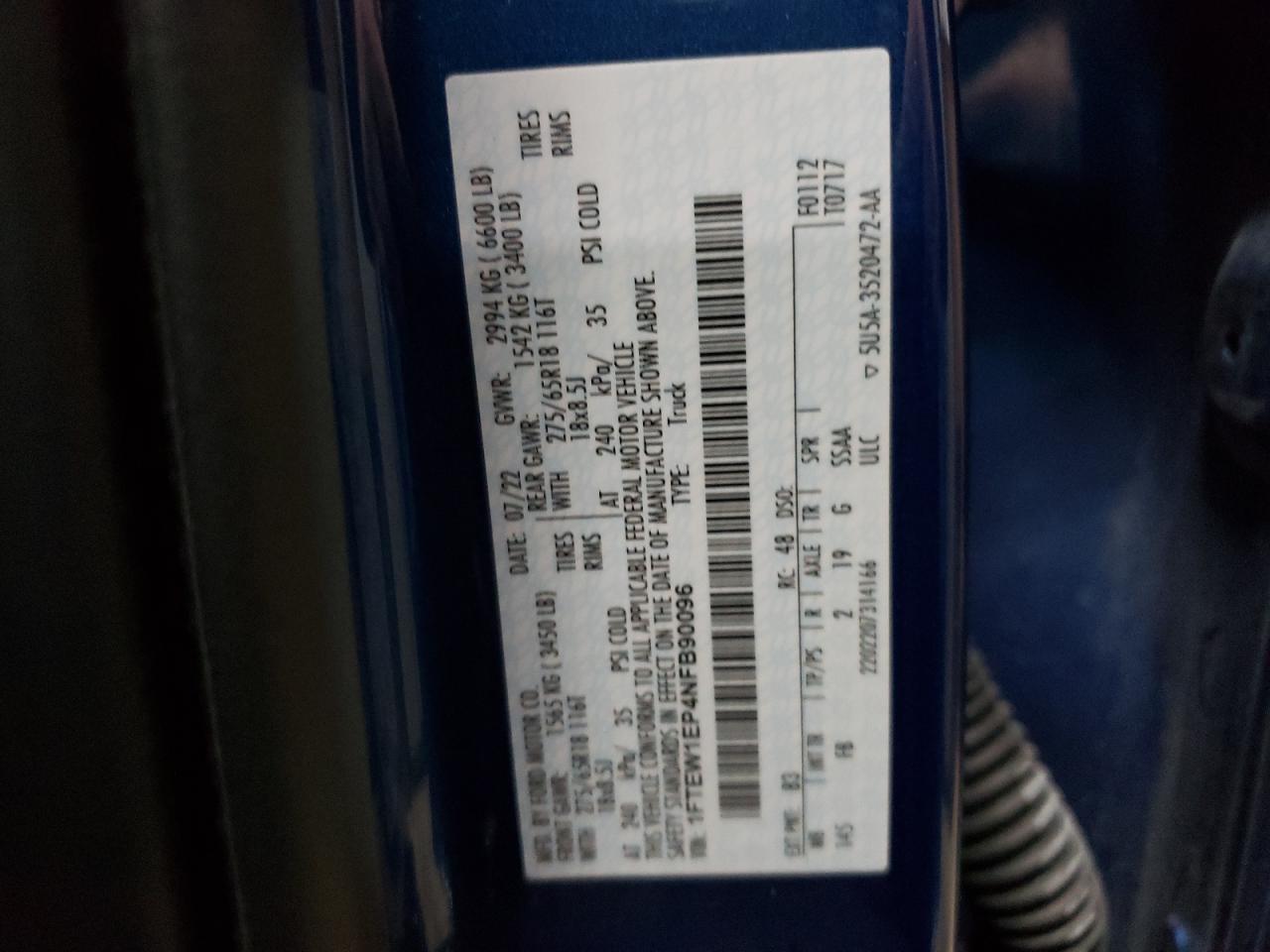 2022 FORD F150 SUPERCREW VIN:1FTEW1EP4NFB90096