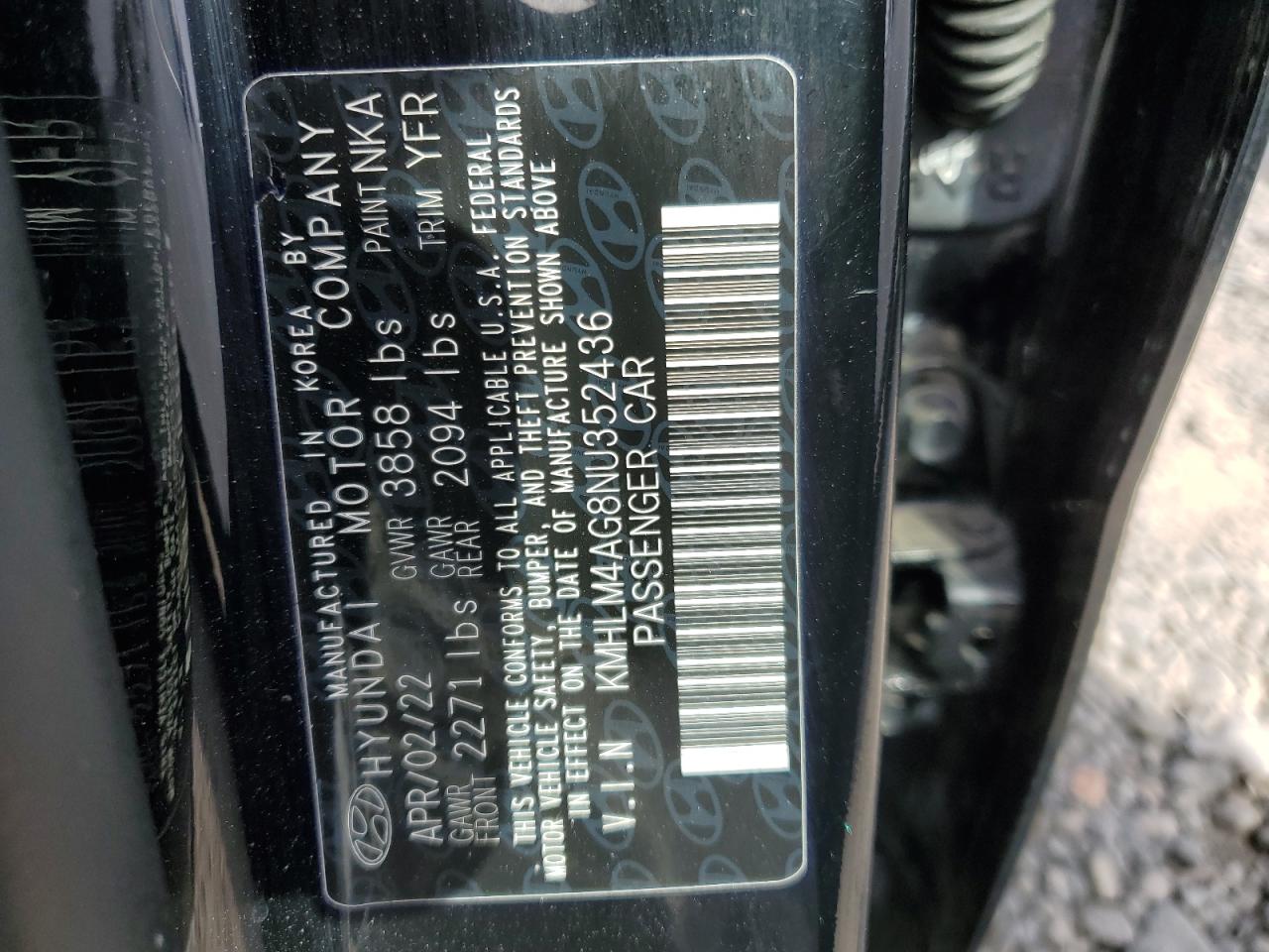 2022 HYUNDAI ELANTRA SEL VIN:KMHLM4AG8NU352436